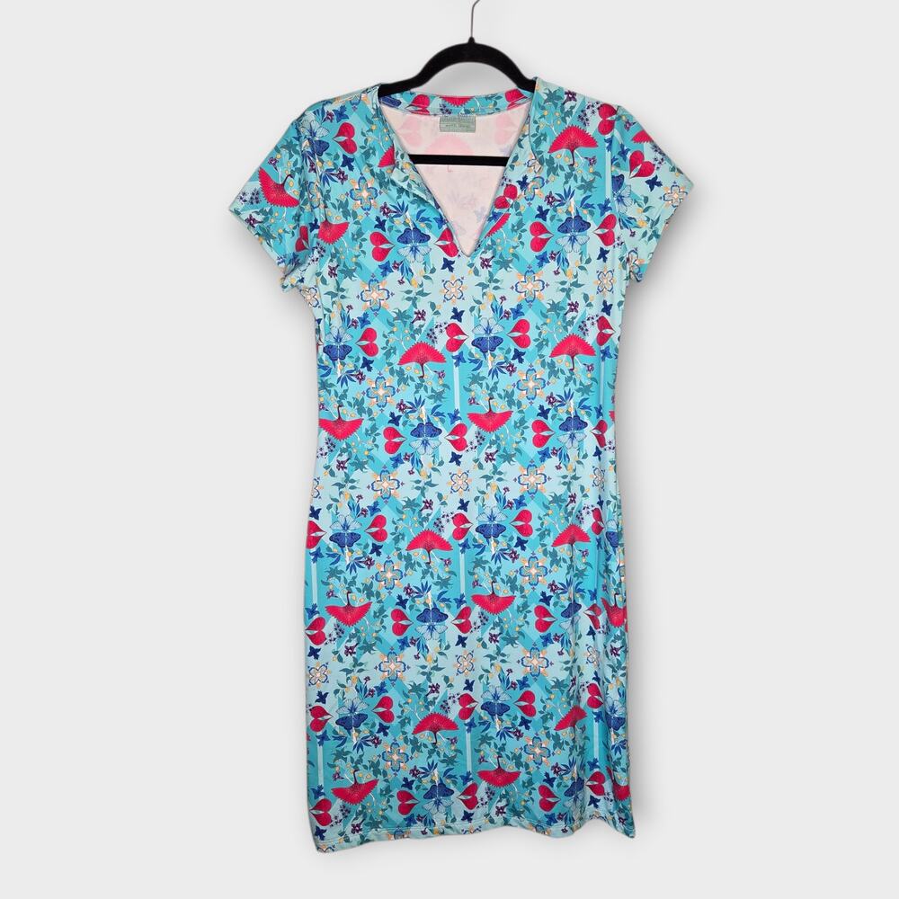Manuel Canovas Blue Floral Bird Print Split Neck Shift Dress Womens 10